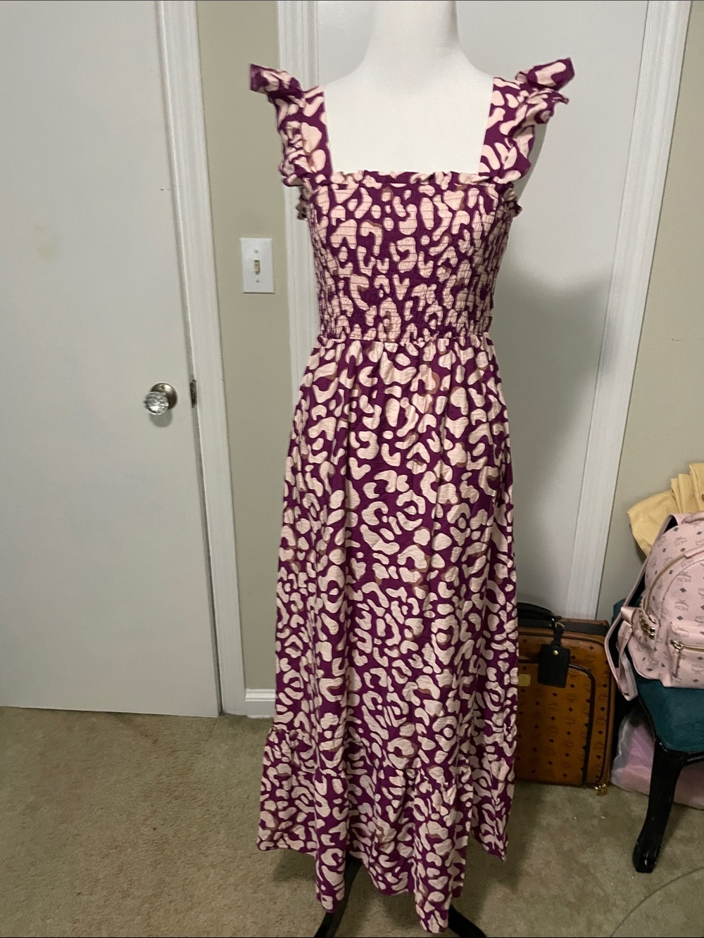 Purple and pink animal-Print Ruffled Strap Maxi Dress